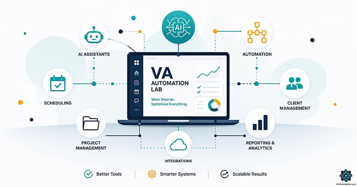 Visual map of the VA Automation Lab ecosystem showing AI tools, automation, project management, scheduling, client management, reporting, and integrations connected through a centralized virtual assistant workflow system.