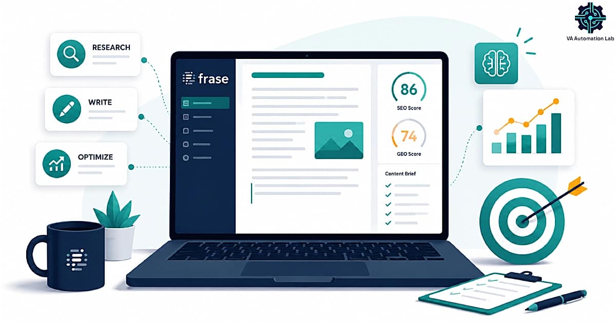 Frase.io workflow for virtual assistants showing AI-powered SEO research, content writing, and optimization process