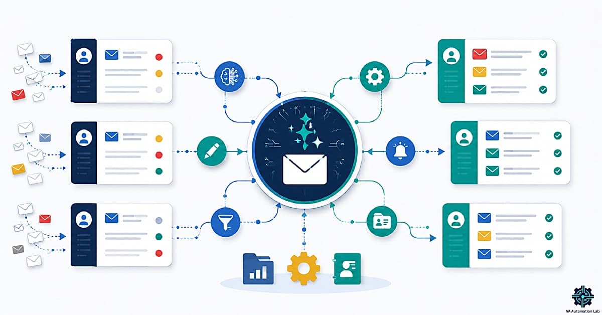 AI-powered email management system for virtual assistants showing multiple client inboxes connected to a centralized AI hub that organizes, prioritizes, and automates email workflows