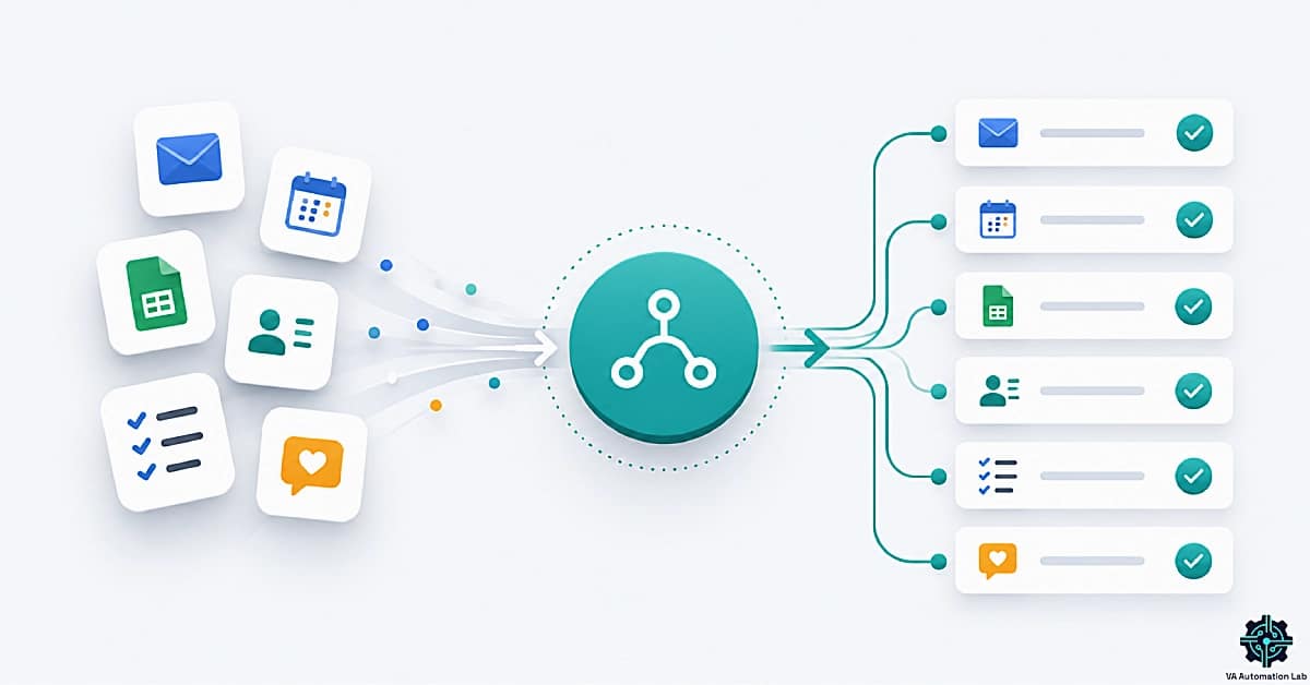 Minimalist workflow automation illustration showing repetitive virtual assistant tasks such as email management, scheduling, CRM updates, and social media activities being transformed into an organized automated workflow through a centralized automation system.