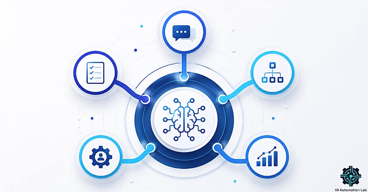 AI powered productivity system for virtual assistants visualized as a five-layer framework connecting task management, communication, workflow organization, client operations, and strategic planning