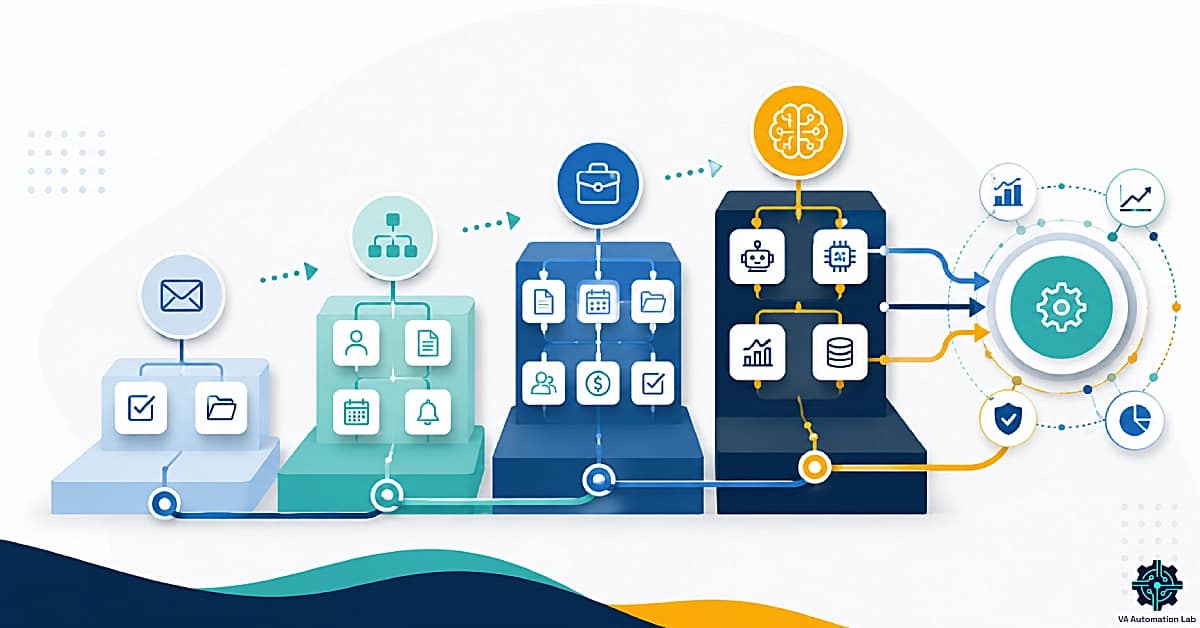 virtual assistant automation system evolving from basic workflows to advanced AI-powered operations through connected workflow layers, representing scalable business automation and productivity systems