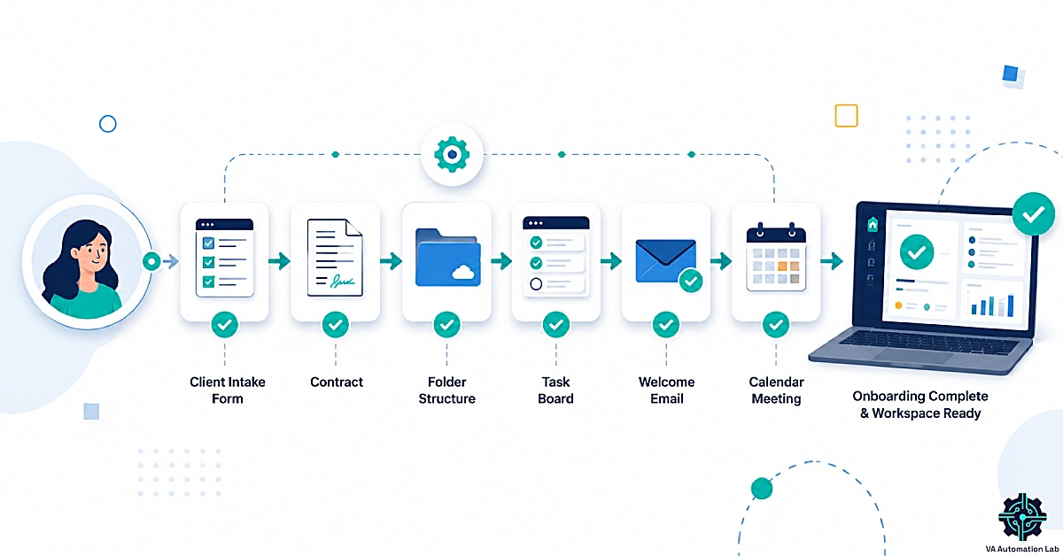 Automated client onboarding workflow for virtual assistants showing intake forms, contracts, task creation, welcome emails, and scheduling connected in a streamlined automation system