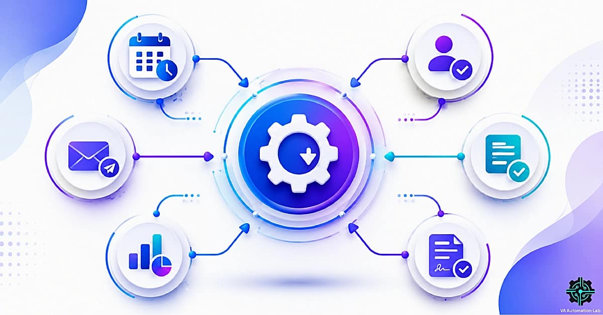 Automation for virtual assistants workflow hub connecting scheduling, client onboarding, email automation, reporting, lead capture, and document management into one automated system