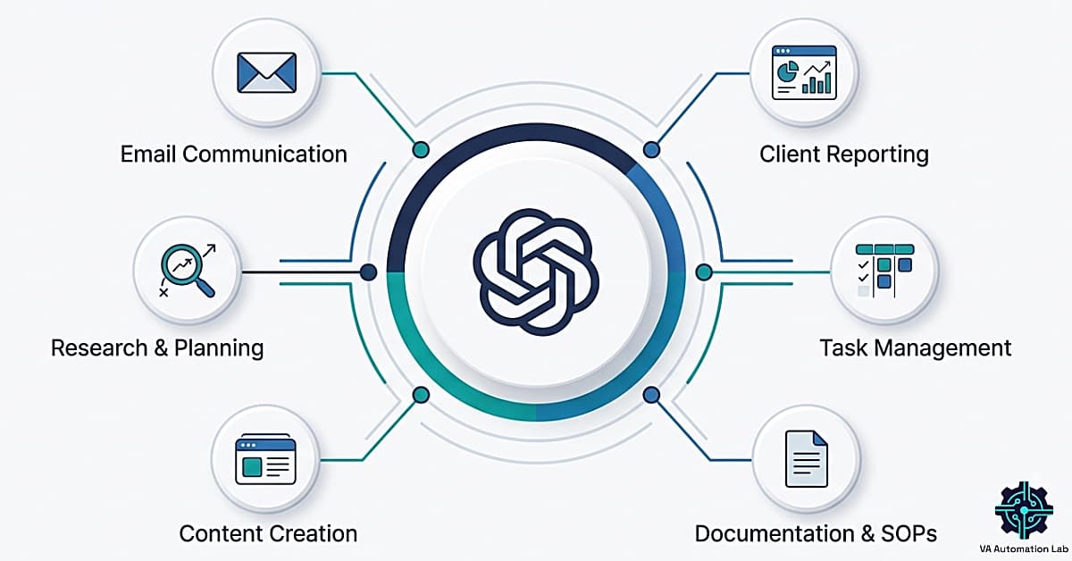 ChatGPT for virtual assistants illustration showing AI-powered workflows for email, reporting and task management