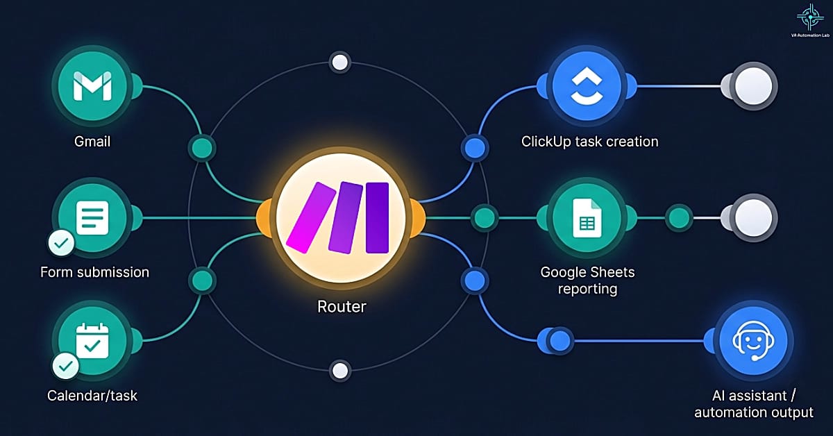 Make automation workflow for virtual assistants showing a central Router branching email, forms, tasks, reporting, and AI-powered business processes across connected apps