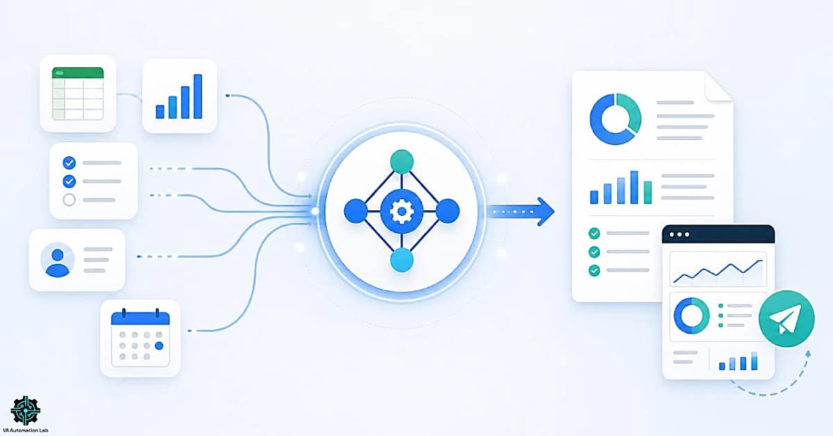 Automated client reporting workflow for virtual assistants showing business data sources flowing through an automation system into a professional dashboard and client-ready report