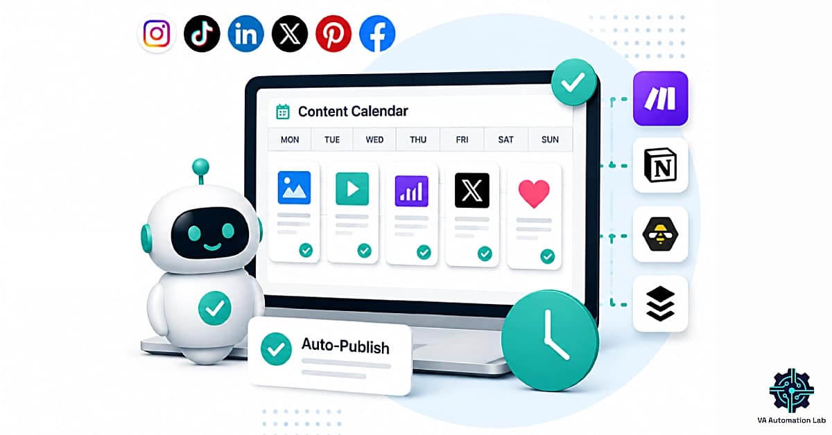 Social media automation workflow for virtual assistants showing a content calendar, automated publishing system, scheduling tools, and multi-platform social media management dashboard