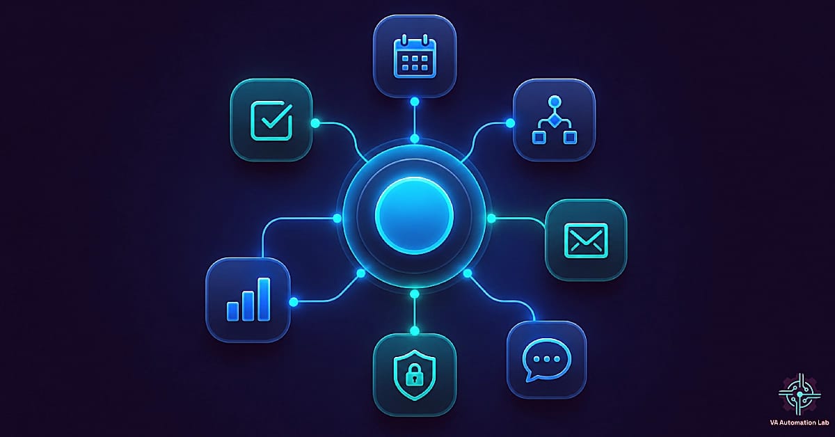 Productivity systems for virtual assistants featuring a centralized operating system that connects task management, scheduling, automation, email, security, communication, and reporting workflows