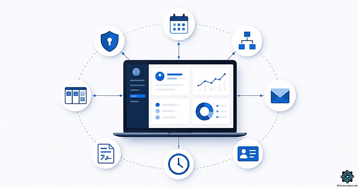 llustration of a complete virtual assistant software toolkit showing scheduling, automation, CRM, email management, project management, time tracking, contracts, and security tools connected within a centralized productivity system.