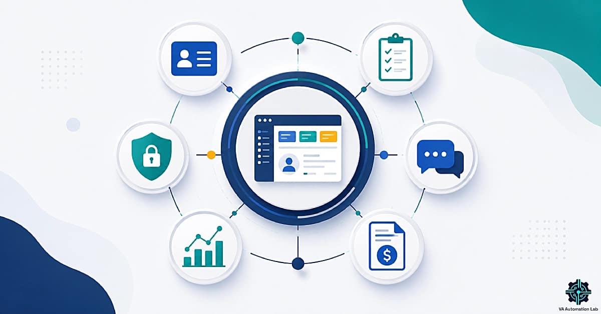 Client management systems for virtual assistants illustrated as a centralized workflow hub connecting CRM, onboarding, communication, billing, automation, reporting, and security processes