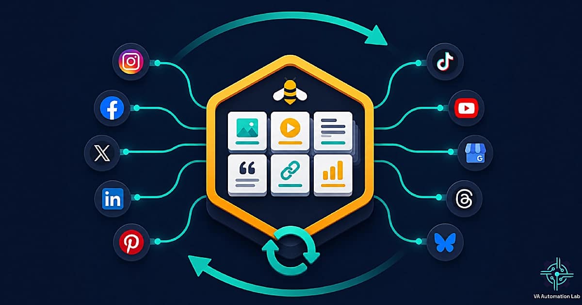 SocialBee content scheduling system showing automated category-based publishing and evergreen social media workflows for virtual assistants