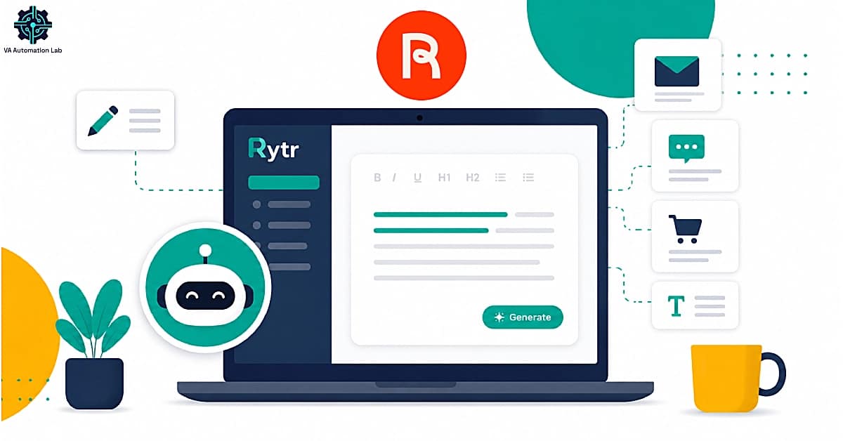 Rytr dashboard illustrating AI writing workflows for virtual assistants creating client content, emails, and social media copy