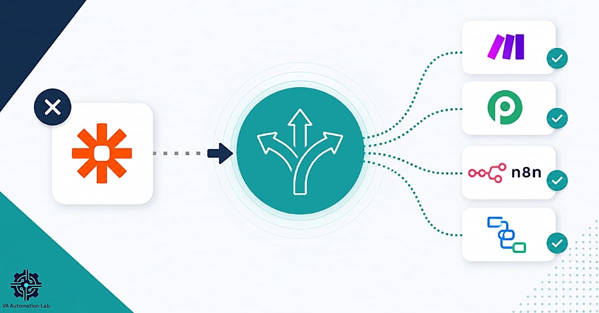 Zapier alternatives for virtual assistants comparing Make, Pabbly, n8n and Zoho Flow with workflow decision concept