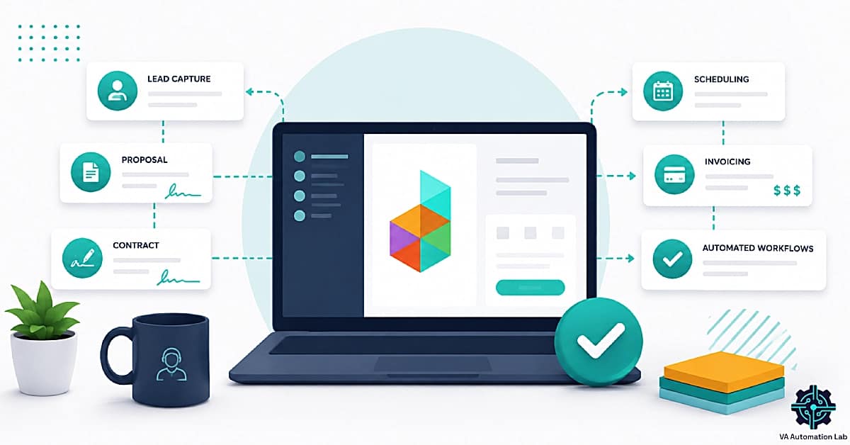 Dubsado for virtual assistants dashboard illustrating client management, proposals, invoices, scheduling, and workflows