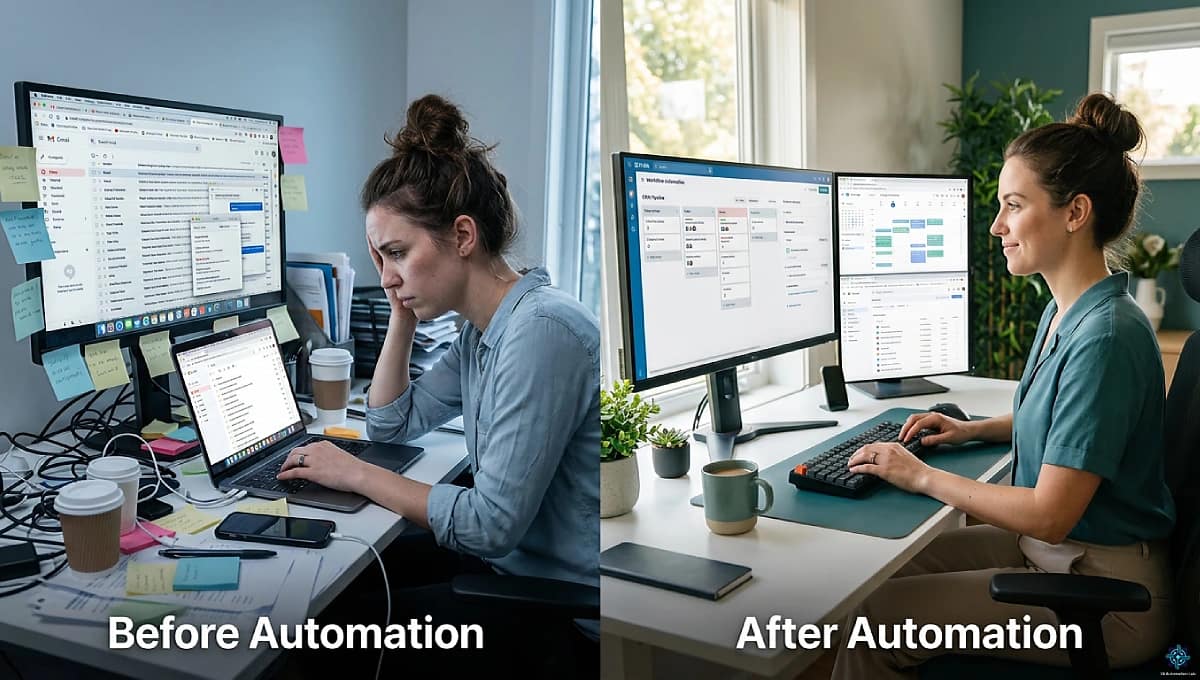 How to automate repetitive tasks as a virtual assistant — before and after comparison showing the shift from manual fragmented work to an organized AI-powered automation system.