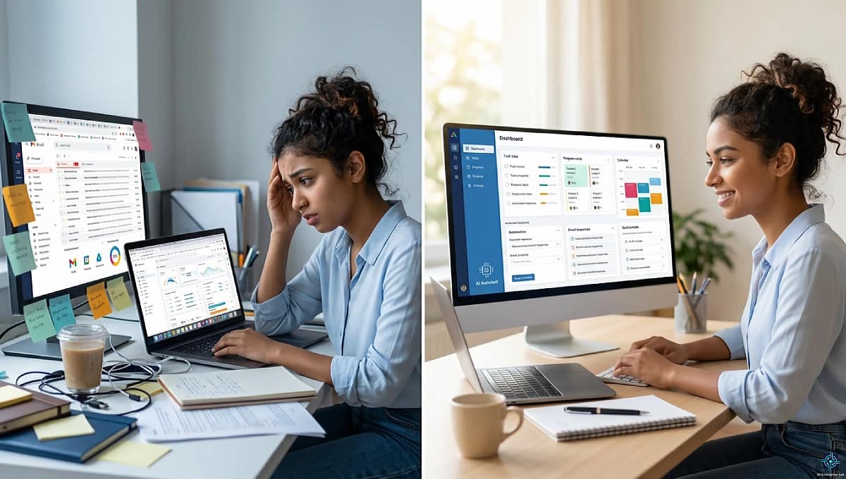 How to start using AI as a virtual assistant — before and after comparison showing the shift from tool overload to a clean, organized AI workflow.