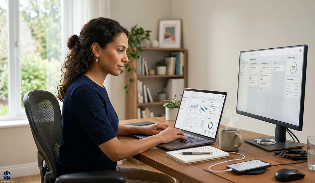 Professional virtual assistant using AI productivity tools and workflow management software in a modern home office workspace.