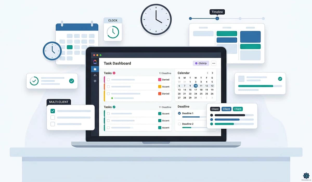 ClickUp for virtual assistants — color-coded client lists, task management dashboard, and workspace views on a laptop