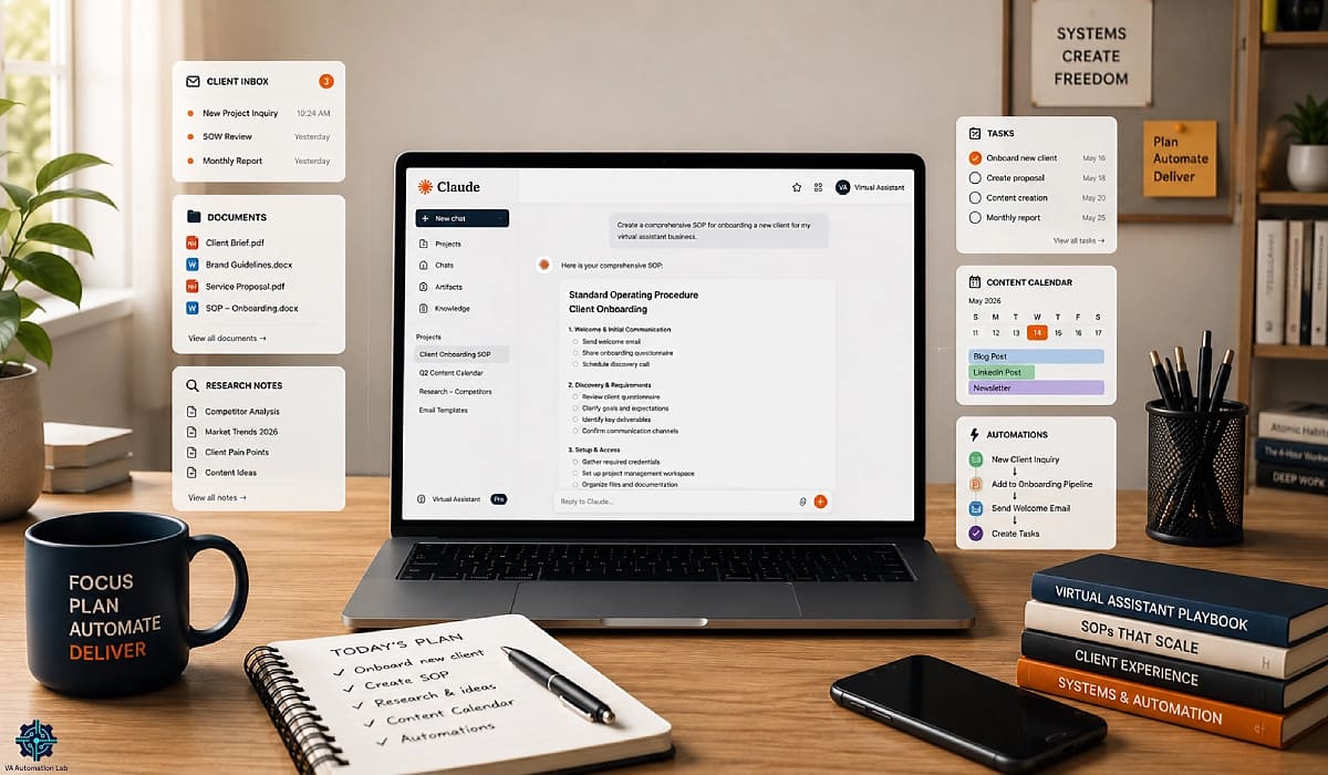 Claude AI for virtual assistants workspace showing SOP creation, client management, task planning and workflow automation