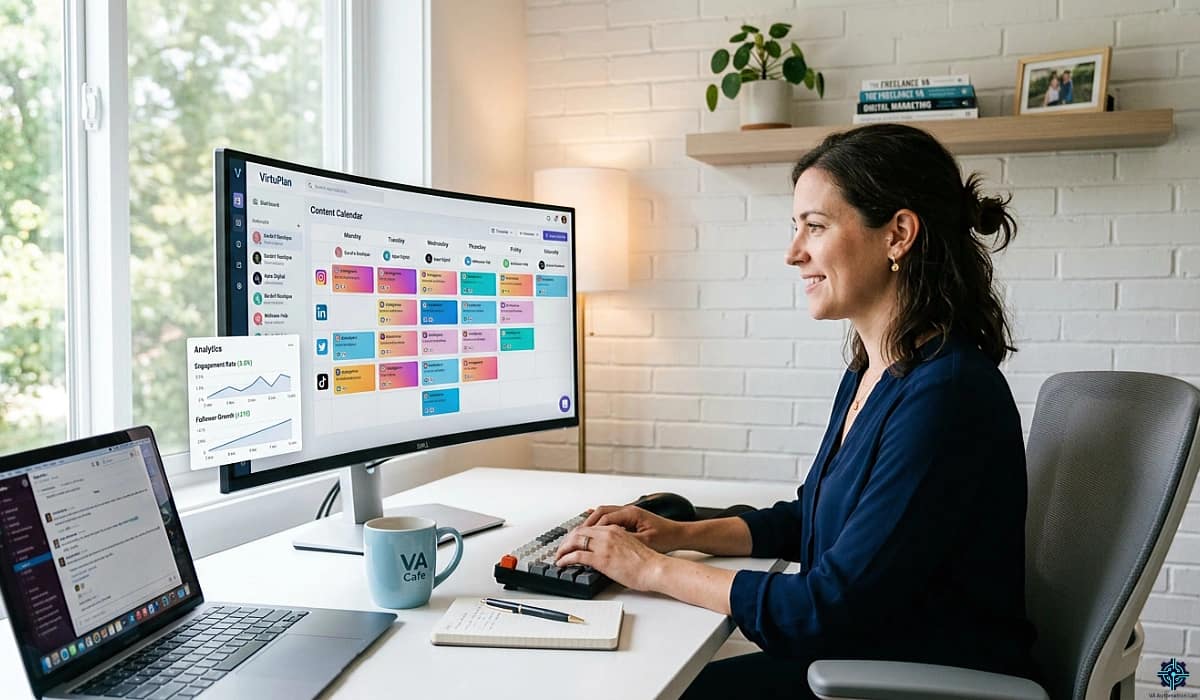 Social media automation for virtual assistants — scheduling dashboard with multi-client content calendar, post queue, and analytics panel on ultrawide monitor.