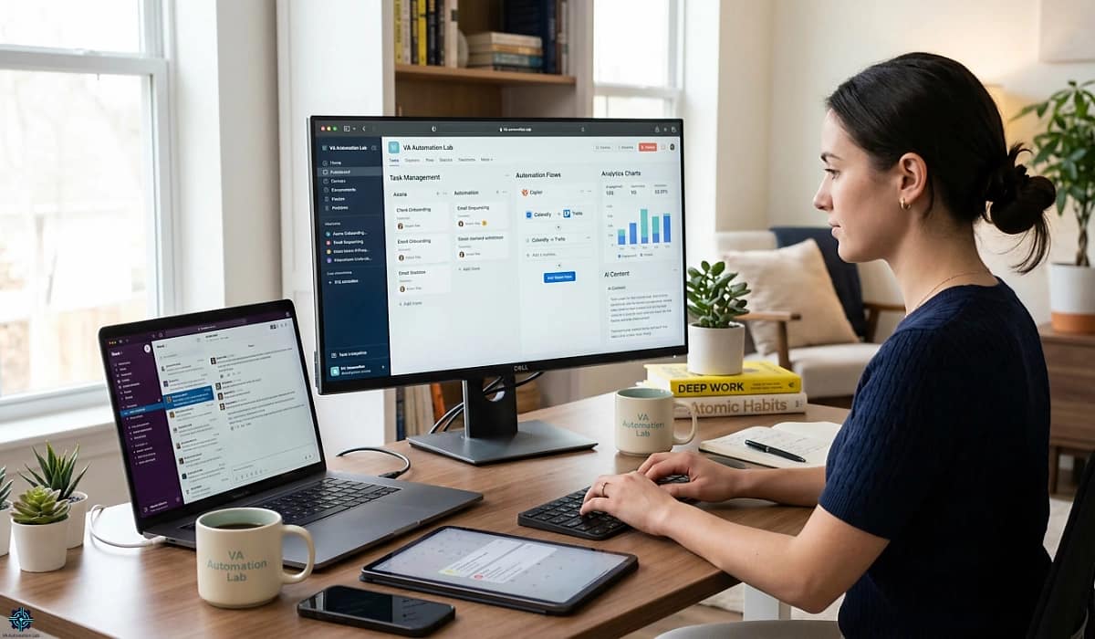 AI-powered virtual assistant managing automation workflows, productivity systems, and client tasks from a home office.