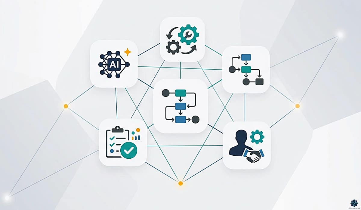 Abstract minimal illustration representing an organized virtual assistant resources hub, with geometric shapes and subtle icons for AI, automation, productivity, and client workflows.