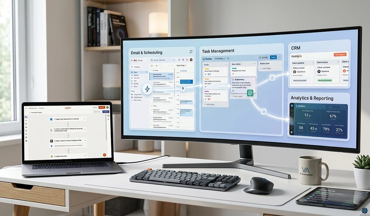 AI automation workflow for virtual assistants — email, calendar, tasks management, analytics, CRM and reporting, all connected through AI automation workflow.