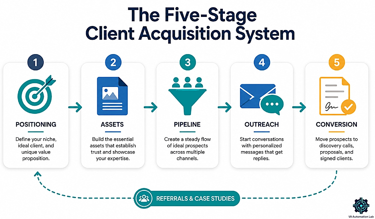 Five-stage AI client acquisition system for virtual assistants from positioning to client conversion