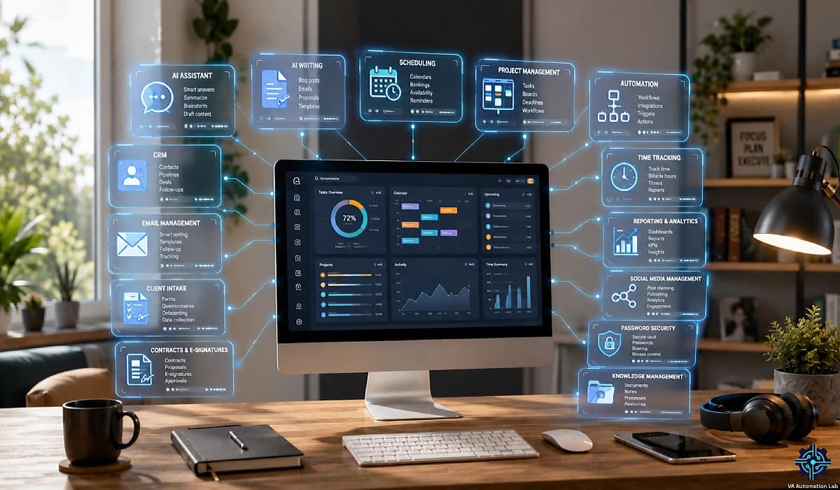 AI for virtual assistants workspace showing an integrated tool stack for automation, CRM, scheduling, productivity, and client management