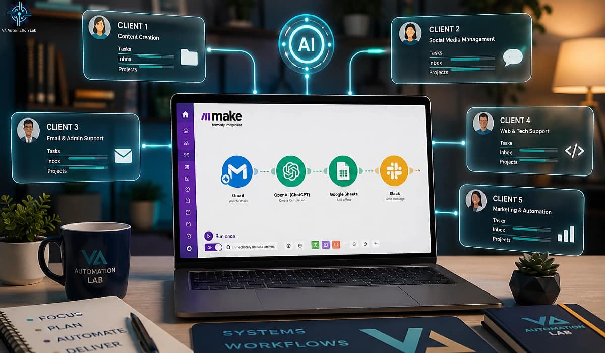 AI-powered automated workflow for virtual assistants to manage multiple clients