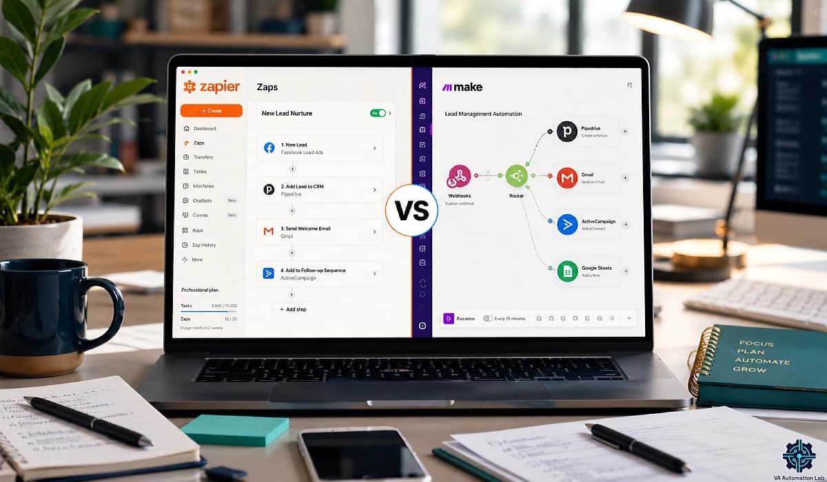 Zapier vs Make for virtual assistants: split-screen comparison of Zapier's linear workflow structure and Make's visual branching scenario builder