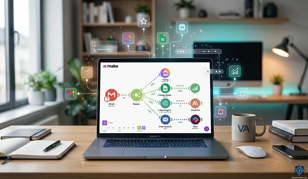 Automation workflow with Make.com for virtual assistants — connected Gmail, ClickUp, Google Sheets, and AI integrations