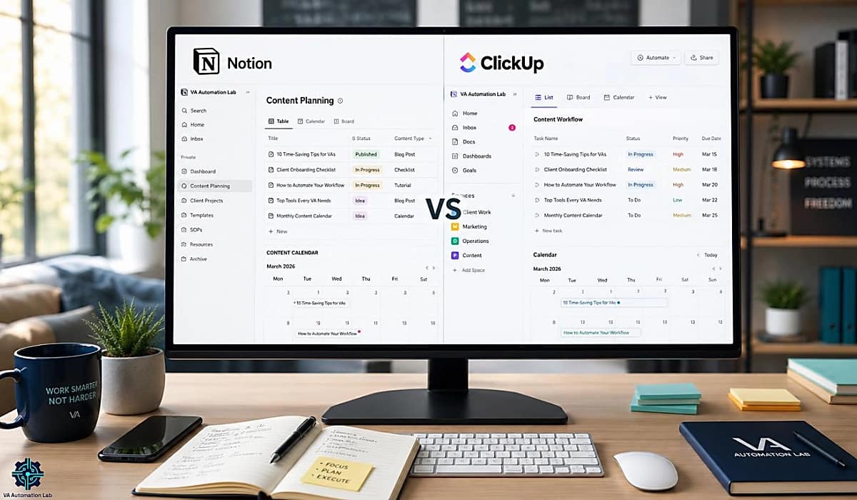 Notion vs ClickUp for virtual assistants — split-screen comparison of document-centric and task-centric interfaces