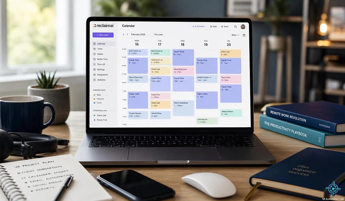 Reclaim.ai calendar dashboard showing AI scheduling, focus time protection, and virtual assistant workflows