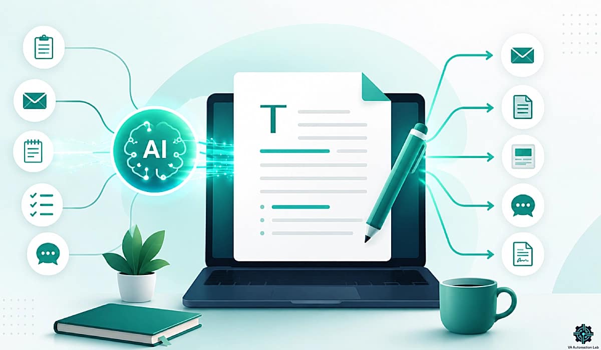 Best AI writing tools for virtual assistants illustrated as an AI-powered content workflow that transforms emails, notes, checklists and briefs into professional documents, proposals, newsletters and client communications