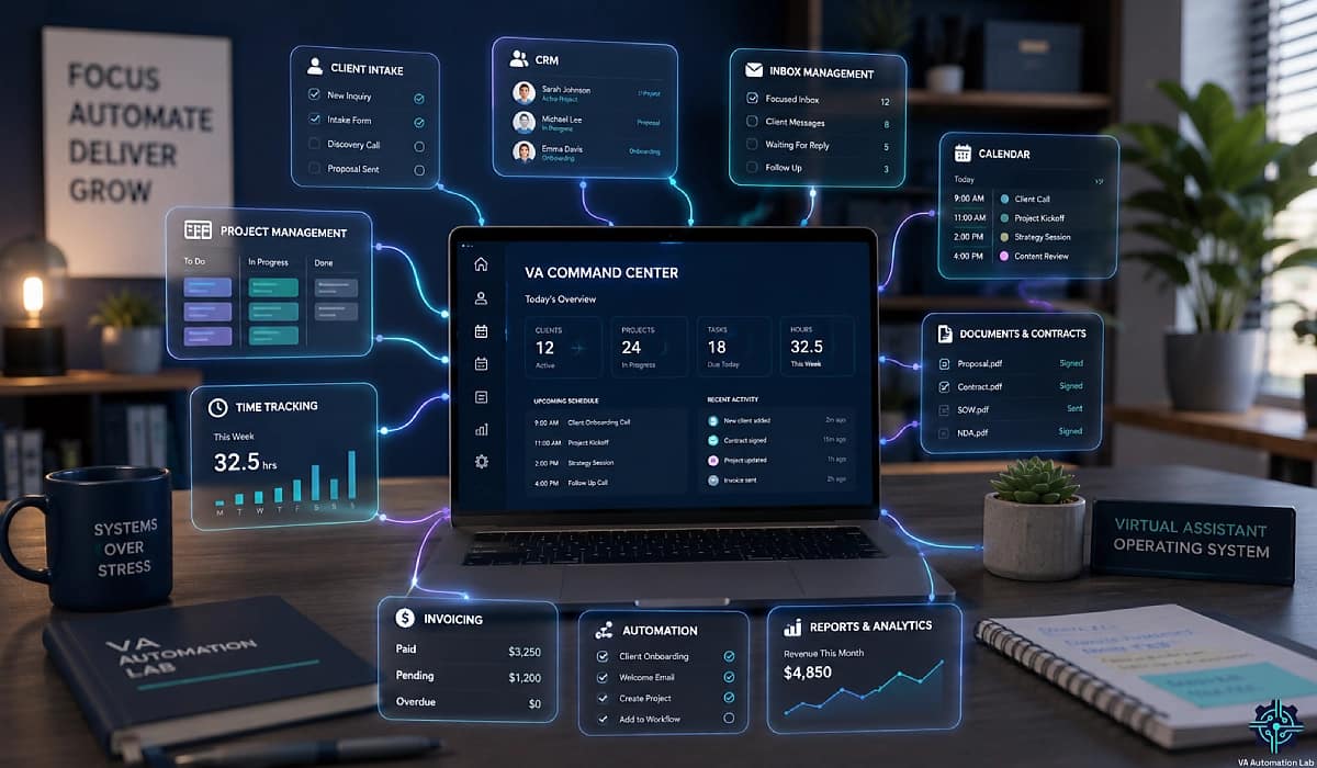 Best tools for virtual assistants displayed as a connected software ecosystem with CRM, automation, scheduling, and project management
