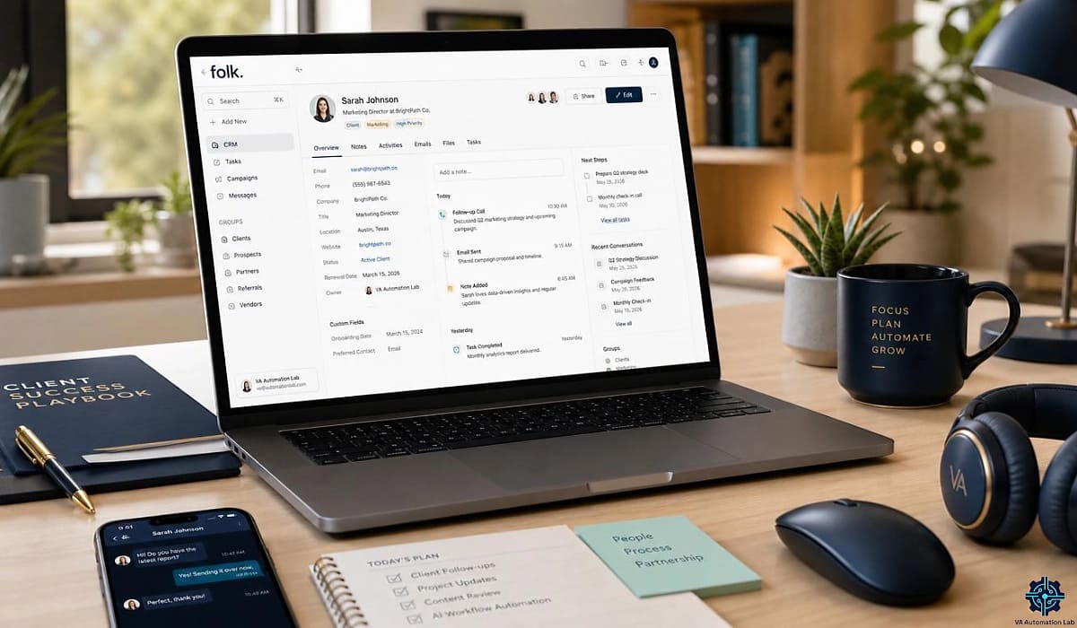 Folk CRM dashboard for virtual assistants — client relationship management, contact tracking, AI assistants, and workflow organization