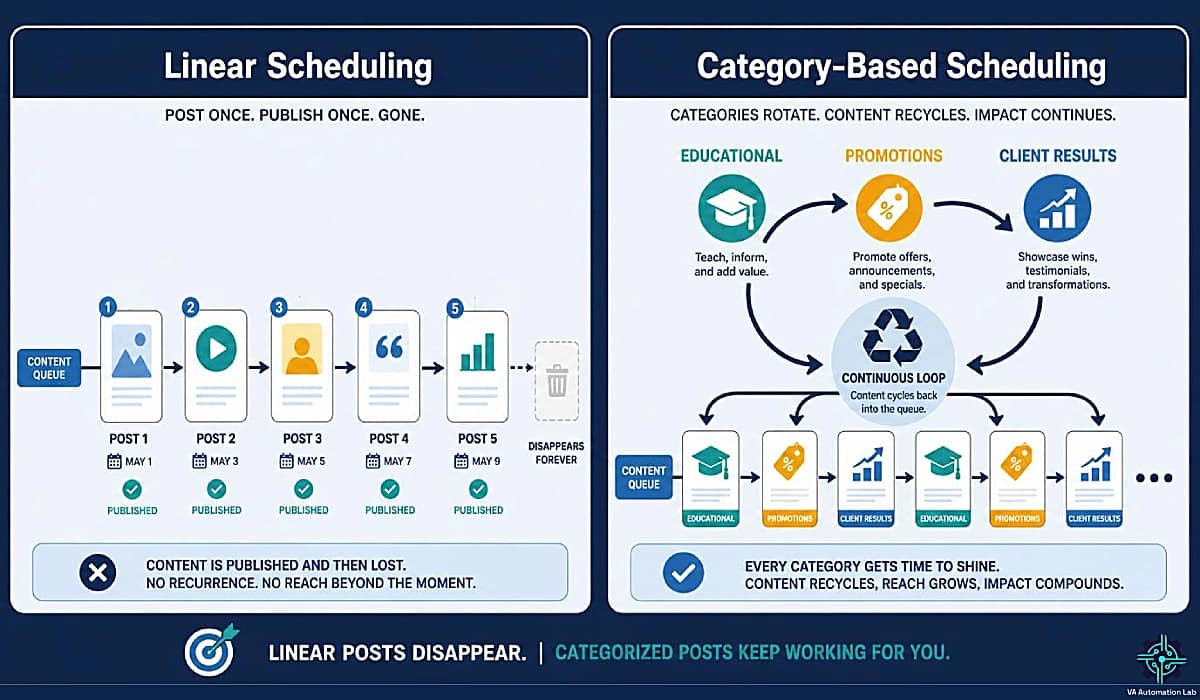 SocialBee category-based scheduling vs linear scheduling for virtual assistants, posts recycle on a rotating loop