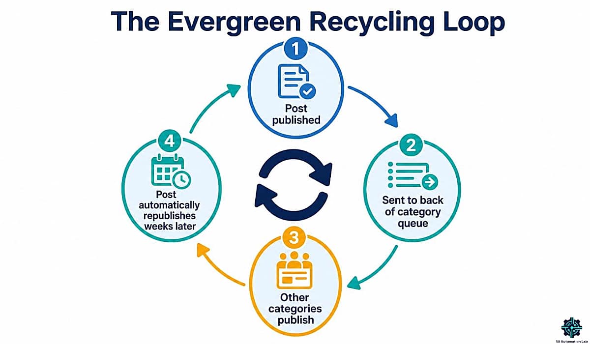 SocialBee evergreen recycling loop for virtual assistants showing how posts republish automatically over time