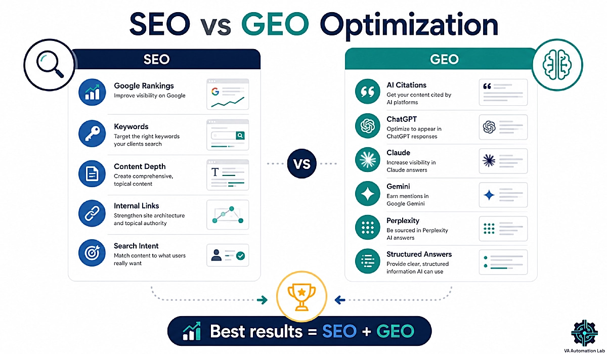 Comparison of SEO and GEO optimization showing Google ranking factors versus AI search visibility strategies