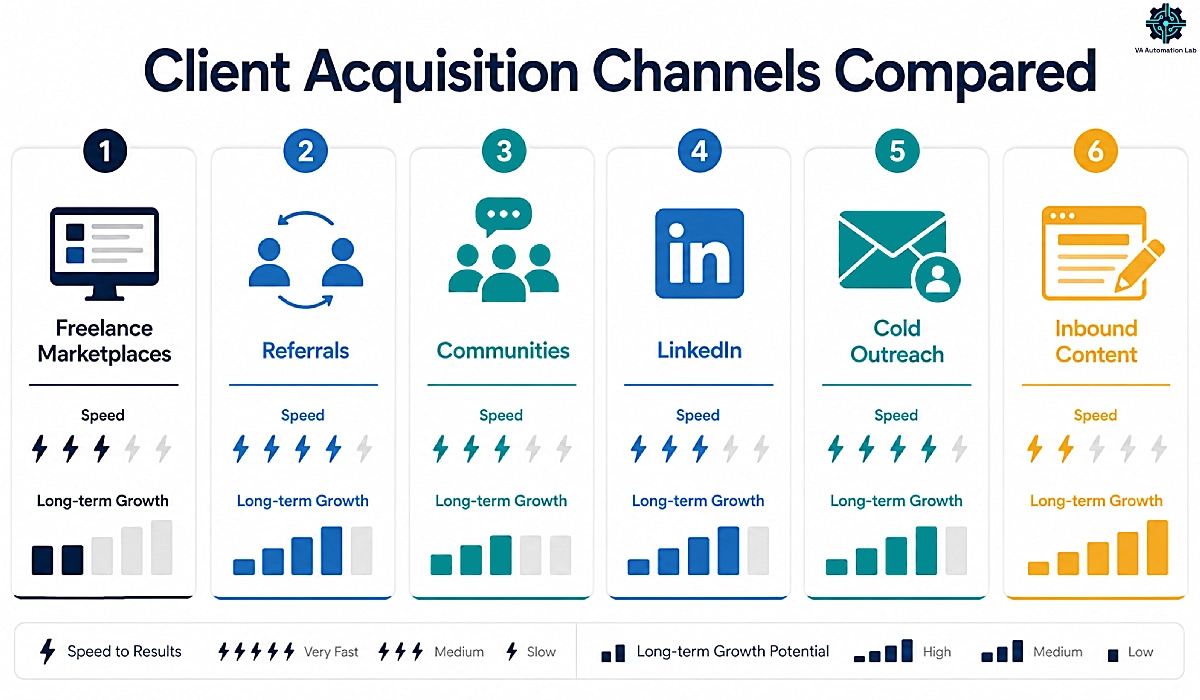 Comparison of client acquisition channels for virtual assistants based on speed and long-term growth