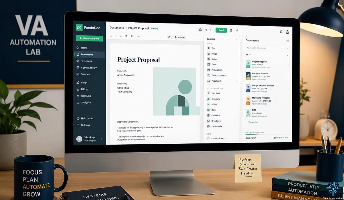 PandaDoc for virtual assistants - create client contracts, collect e-signatures, and automate client onboarding