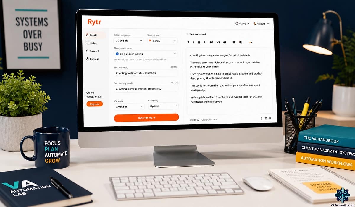 Rytr interface on desktop in a virtual assistant home office creating AI-powered client content and emails