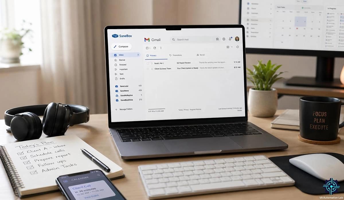 SaneBox for virtual assistants organizing an email inbox with AI-powered filtering and smart email management