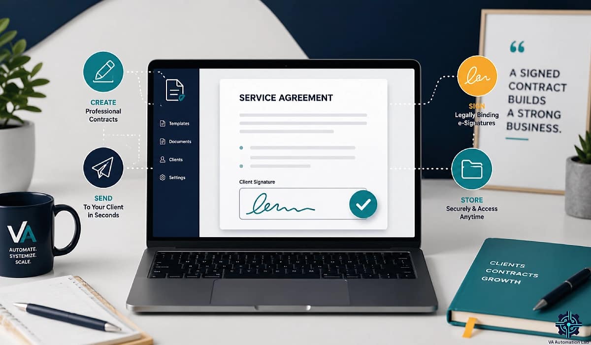 Virtual assistant contract workflow showing e-signatures, client agreements, secure storage, and onboarding automation