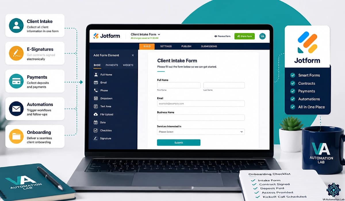 Jotform for virtual assistants — dashboard showing client intake, e-signatures, payments, and onboarding workflow