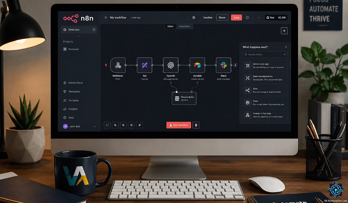 n8n workflow editor showing AI automation, connected app integrations, and visual workflow nodes