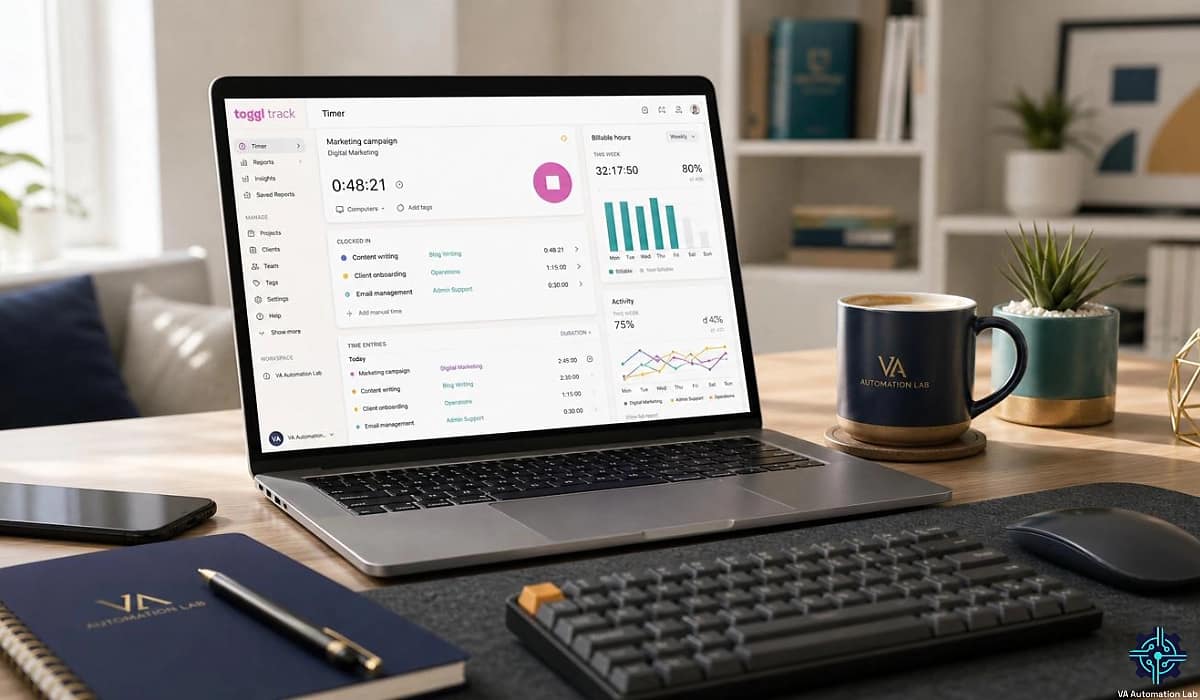 Toggl Track dashboard for virtual assistants with productivity and time tracking setup