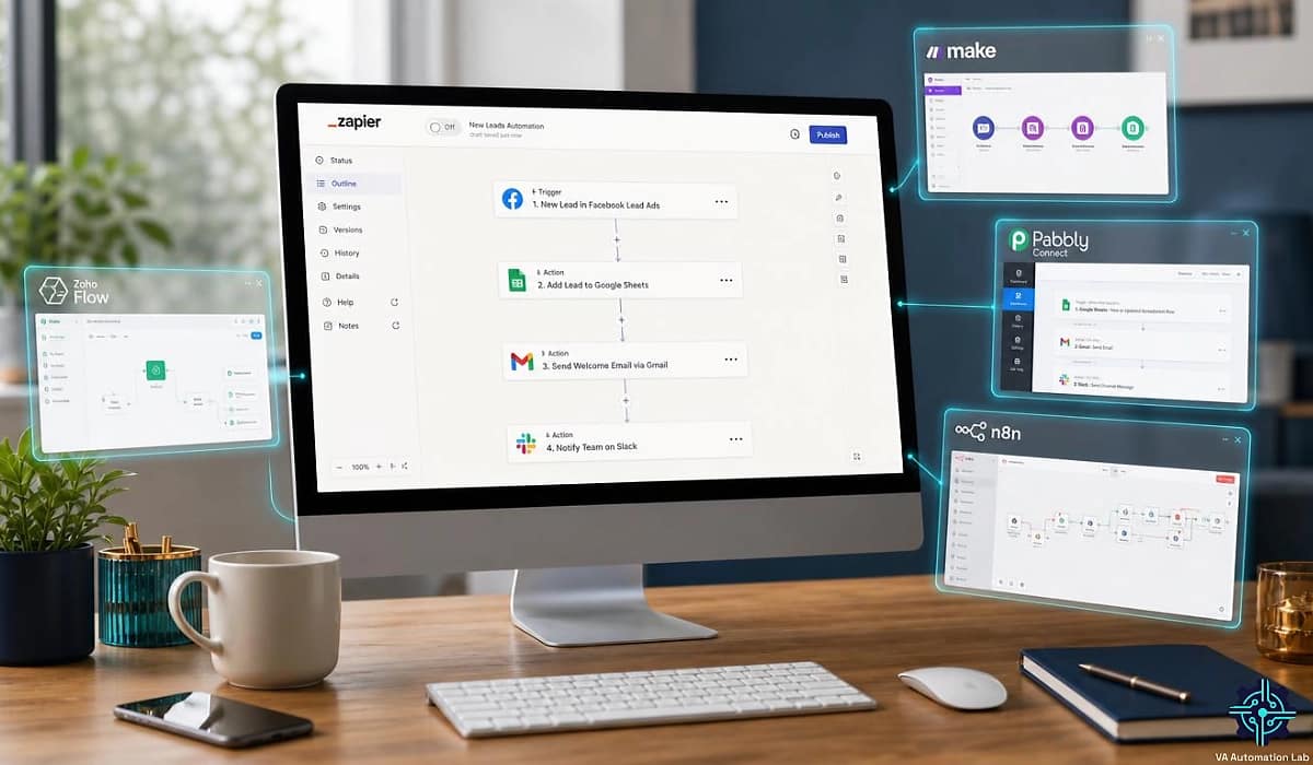 Zapier alternatives for virtual assistants with Zapier dashboard and Make, Pabbly, n8n and Zoho Flow interfaces